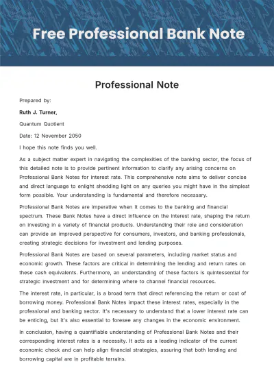 Free Professional Bank Note Template to Edit Online