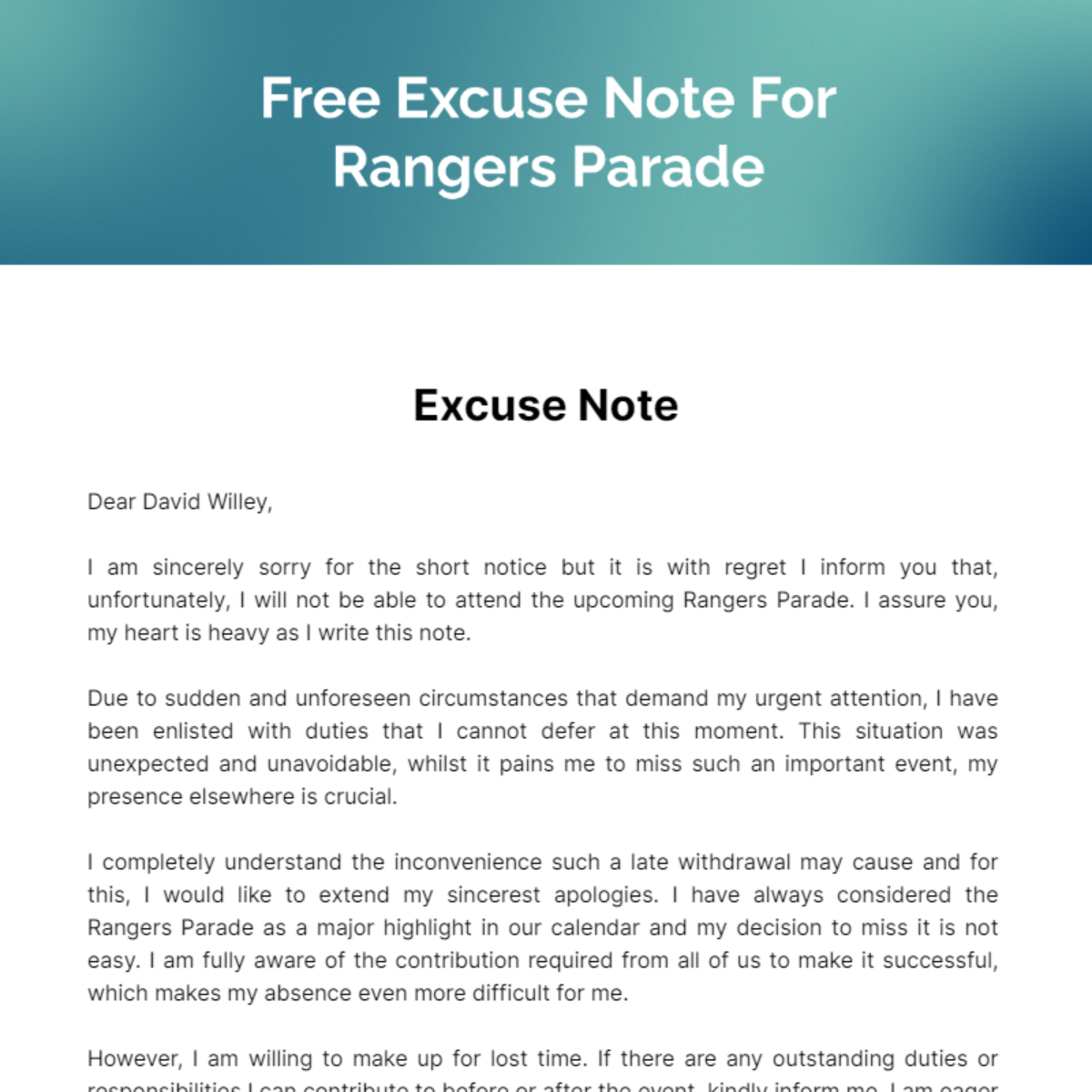 Free Excuse Note For Rangers Parade Template