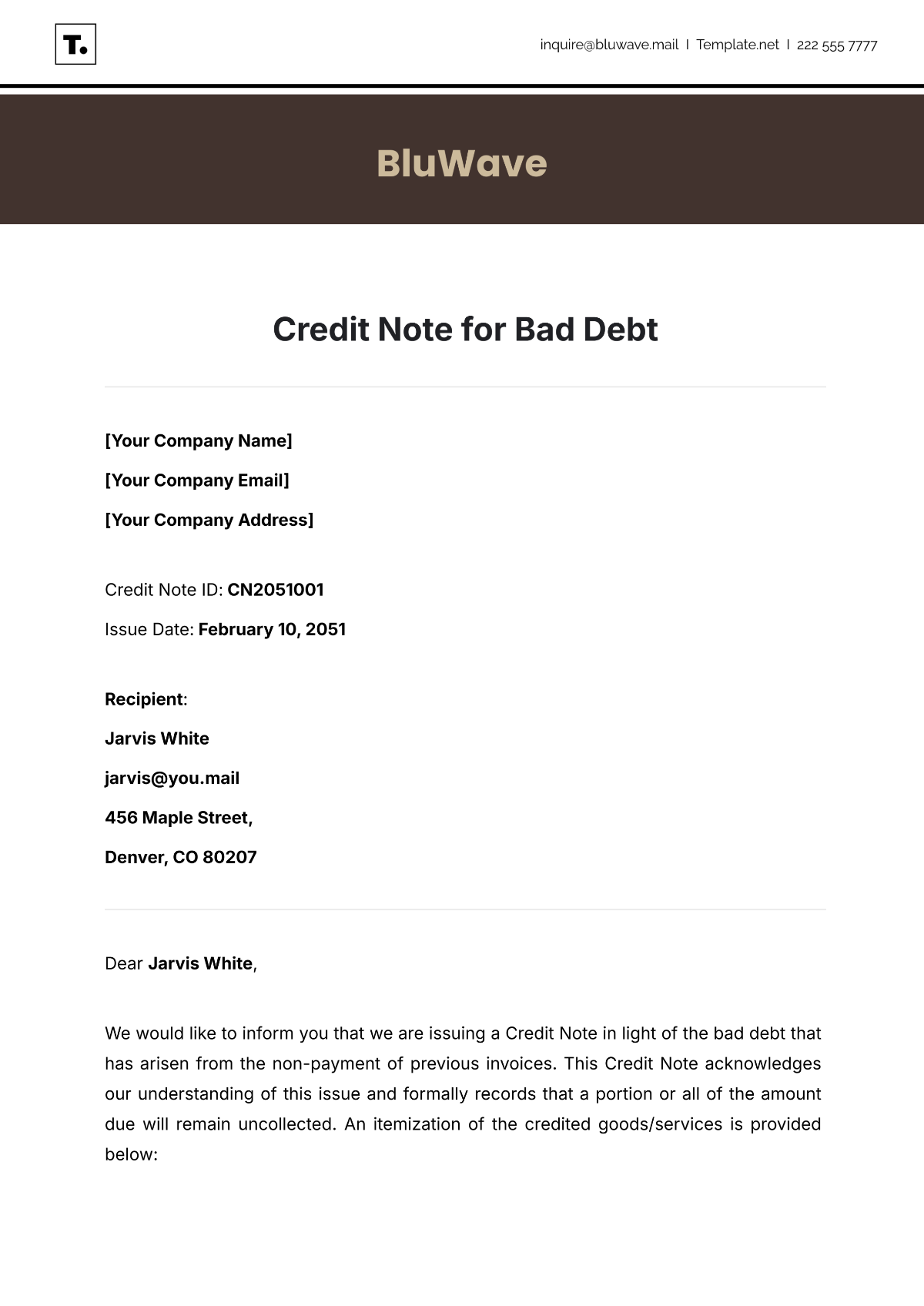 Credit Note for Bad Debt Template - Edit Online & Download