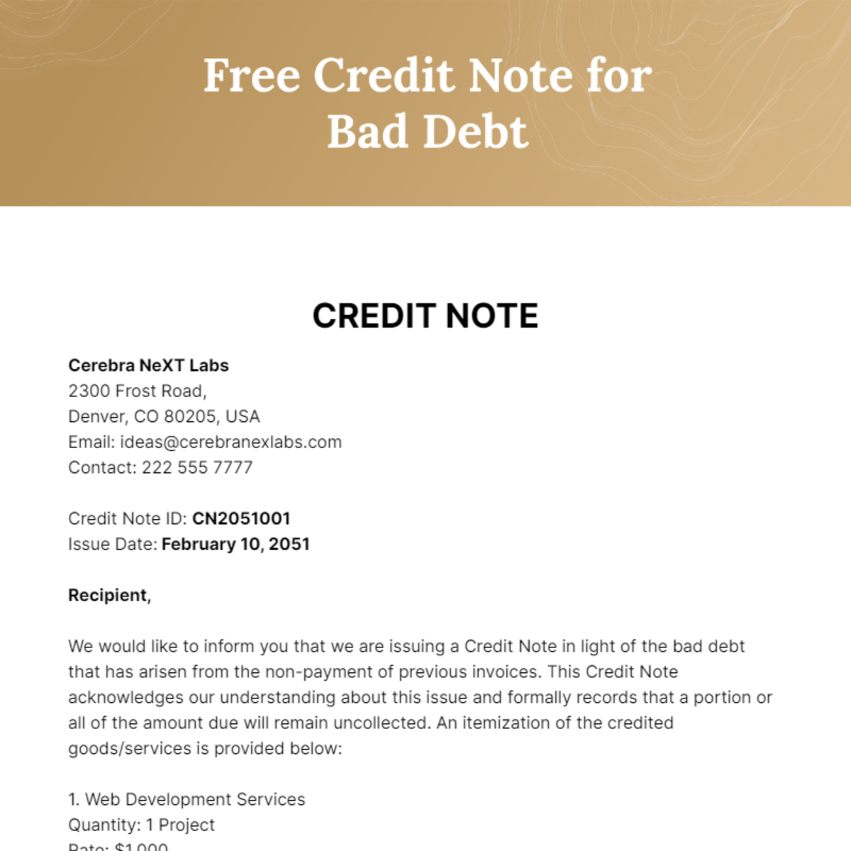 Credit Note for Bad Debt Template