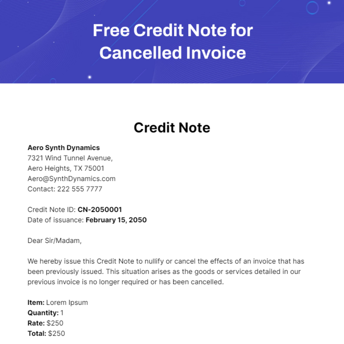 Free Credit Note for Cancelled Invoice Template