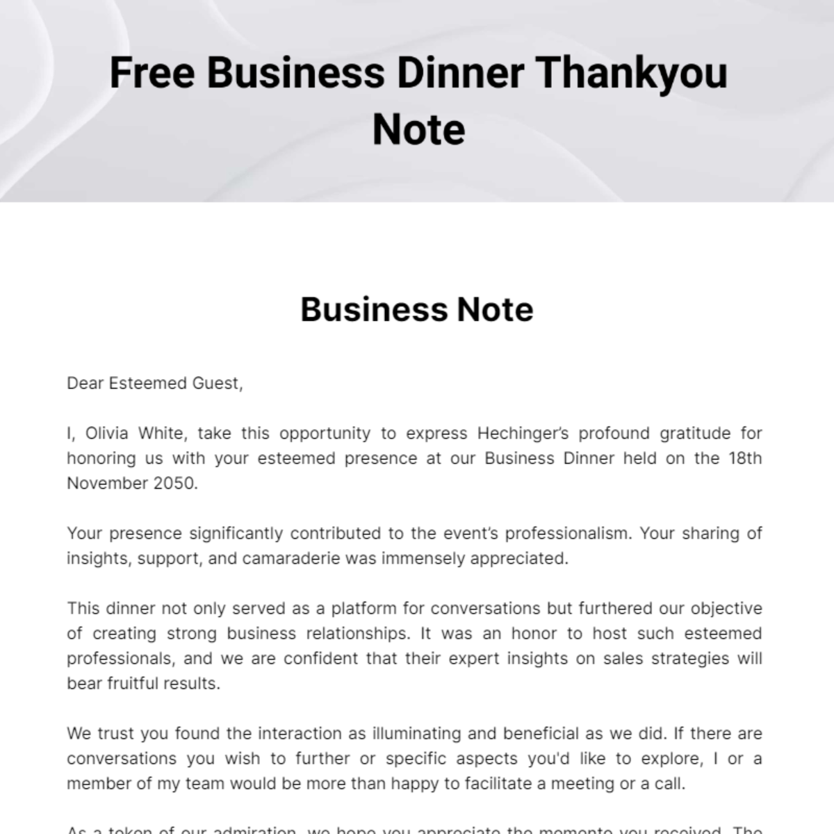 Business Dinner Thankyou Note Template