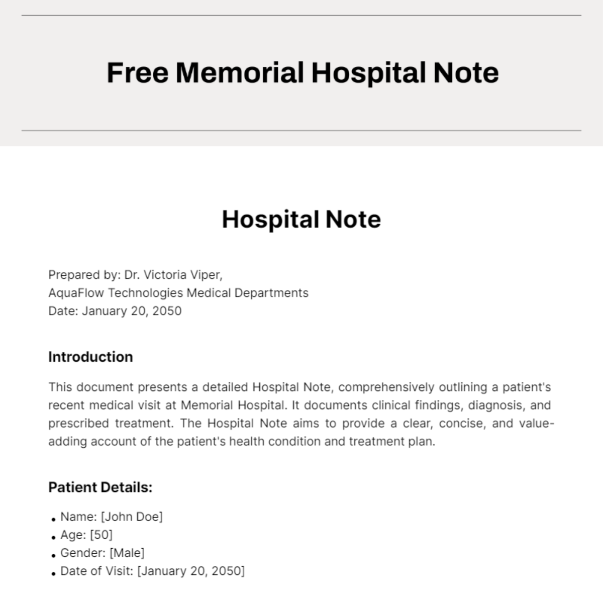 Memorial Hospital Note Template