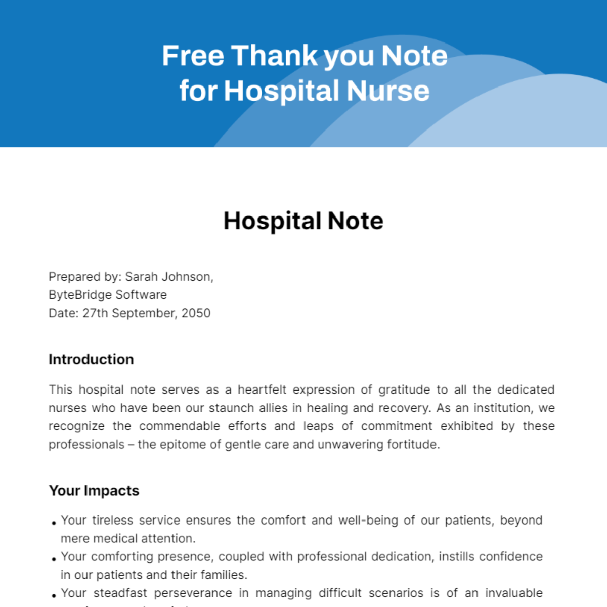 Thank you Note for Hospital Nurse Template