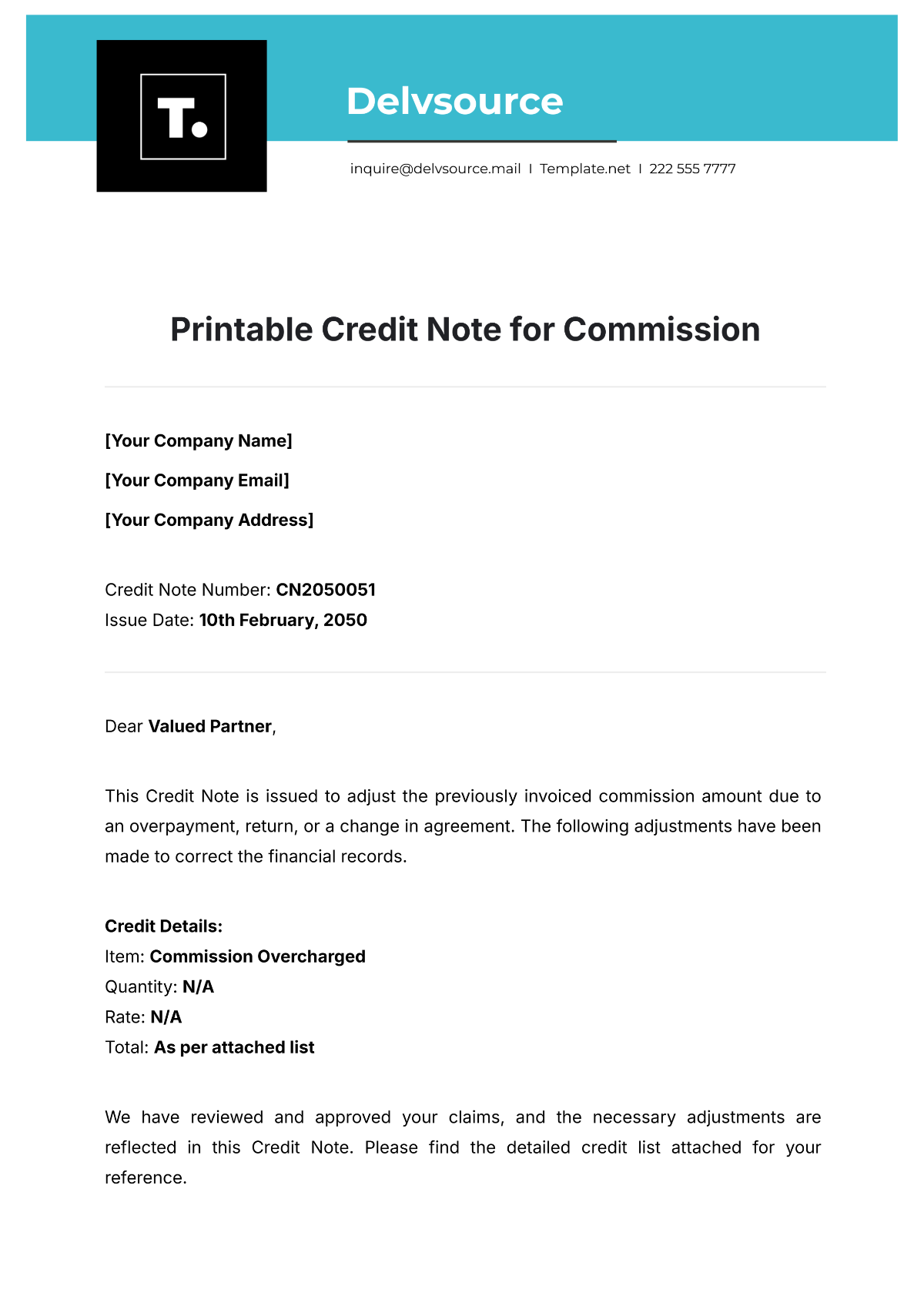 Printable Credit Note for Commission Template - Edit Online & Download