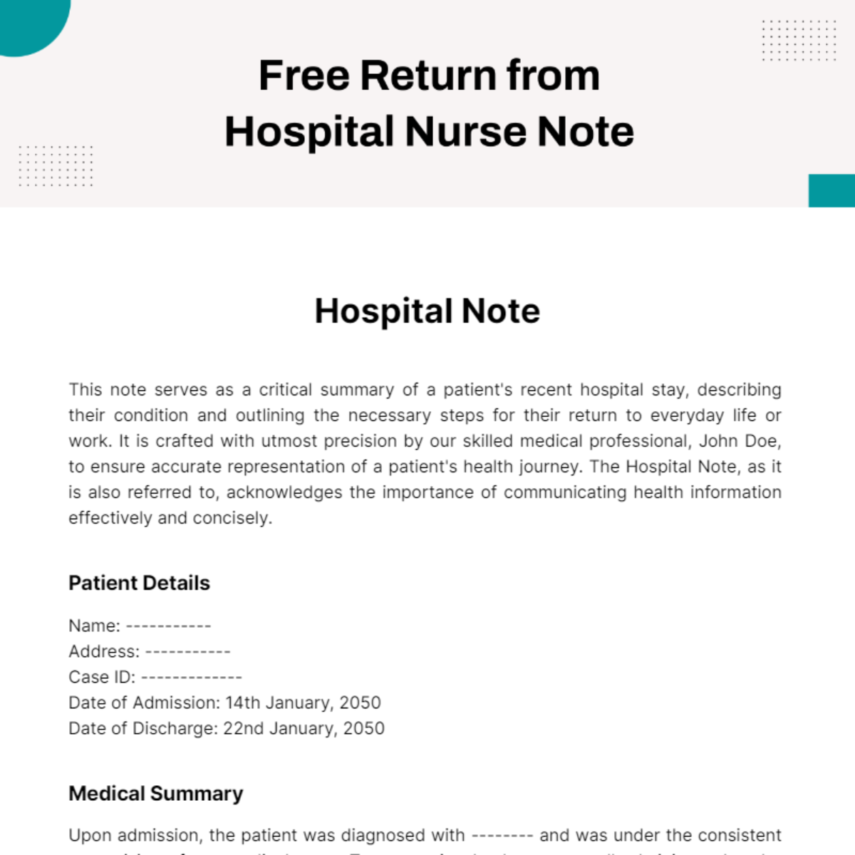 Free Return from Hospital Nurse Note Template
