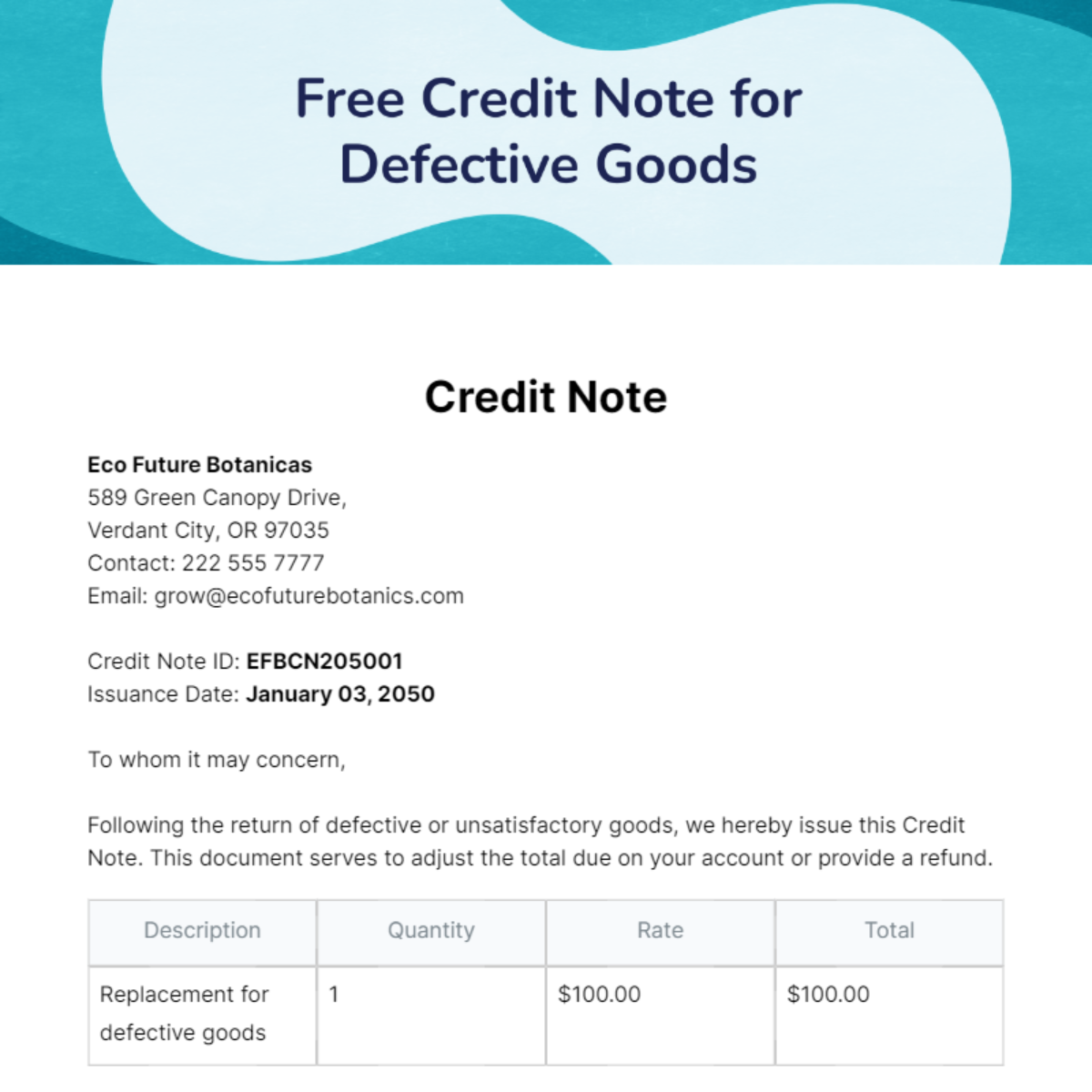 Free Credit Note for Defective Goods Template