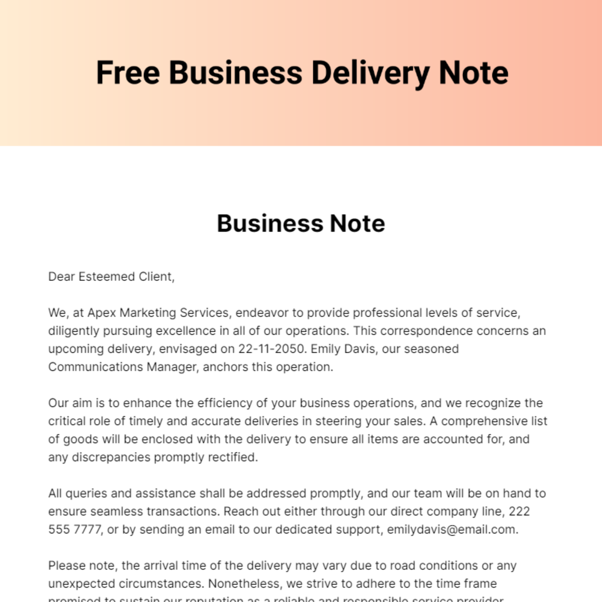 Free Business Delivery Note Template