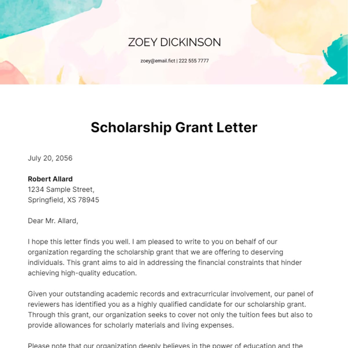 Free Scholarship Grant Letter Template