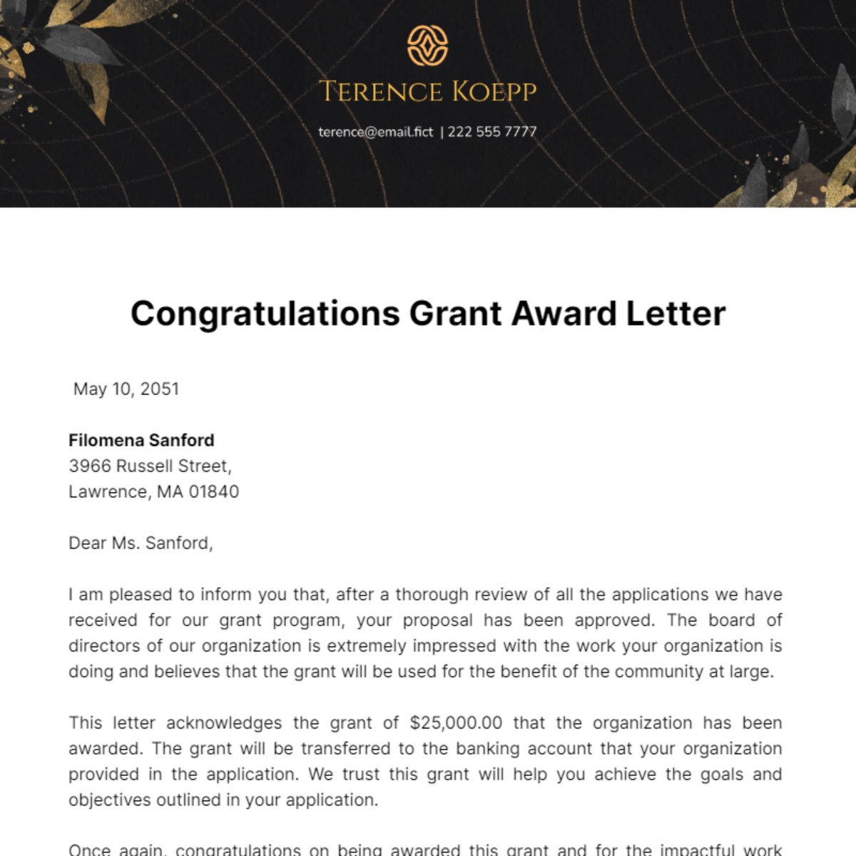 Congratulations Grant Award Letter Template