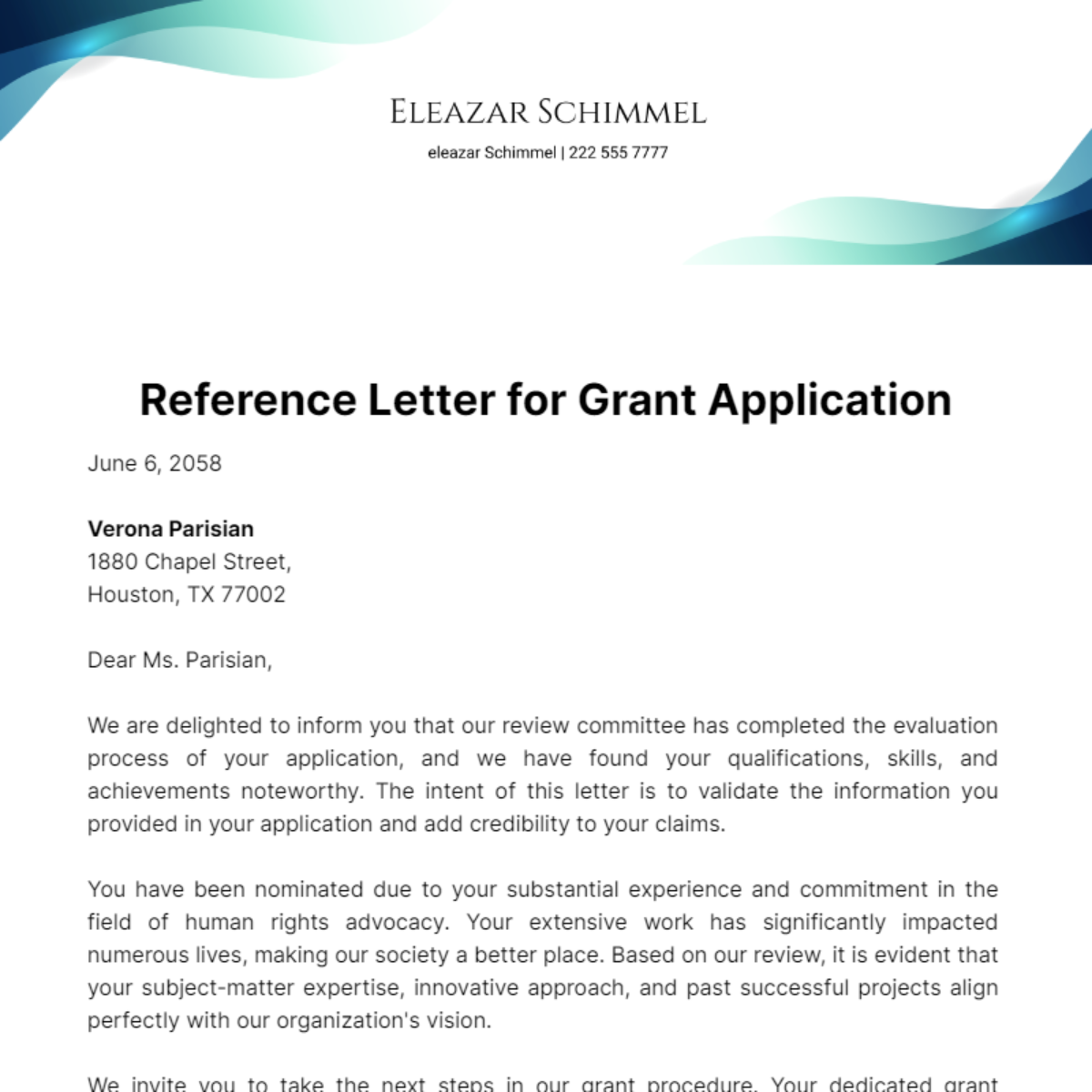 Free Reference Letter for Grant Application Template