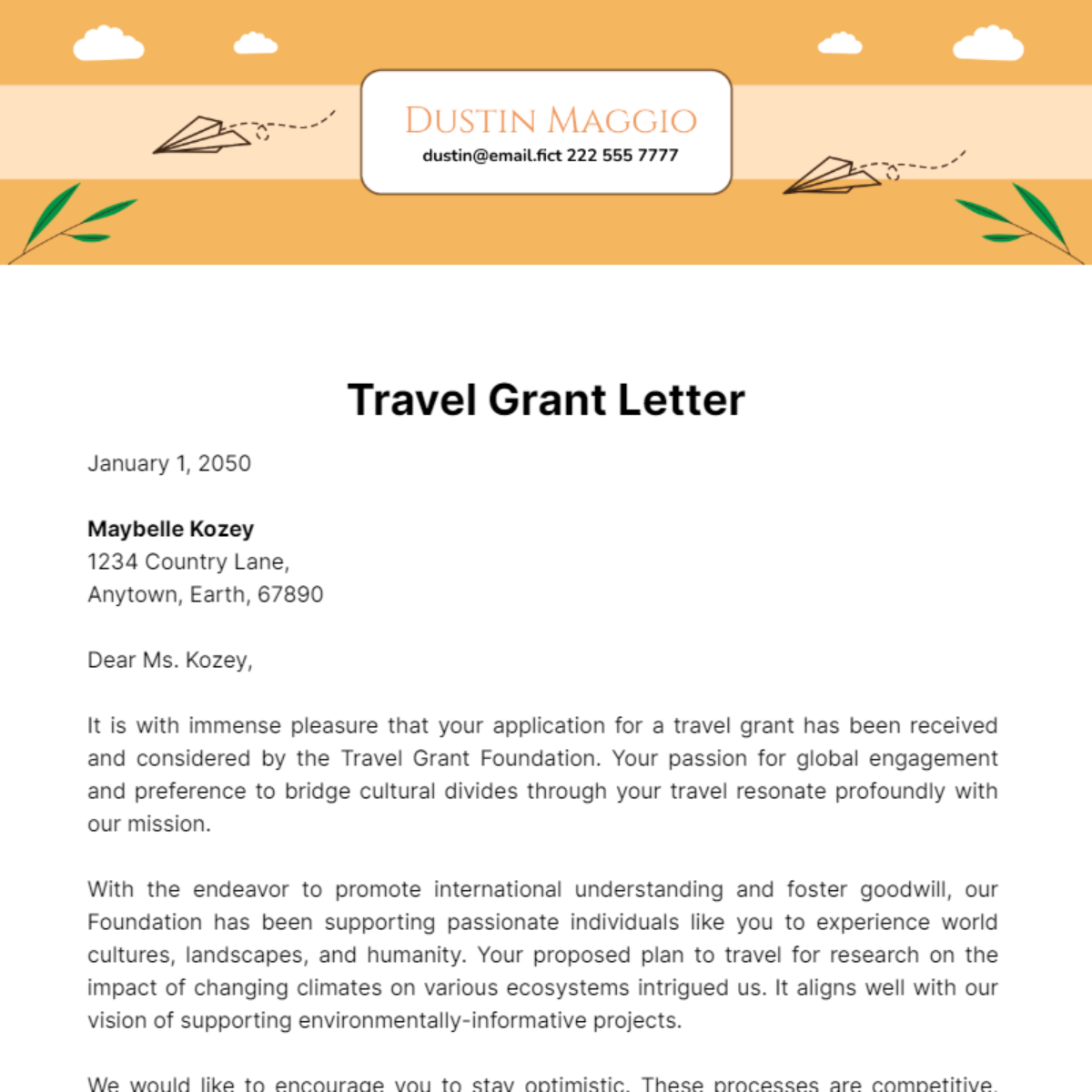 Free Travel Grant Letter Template