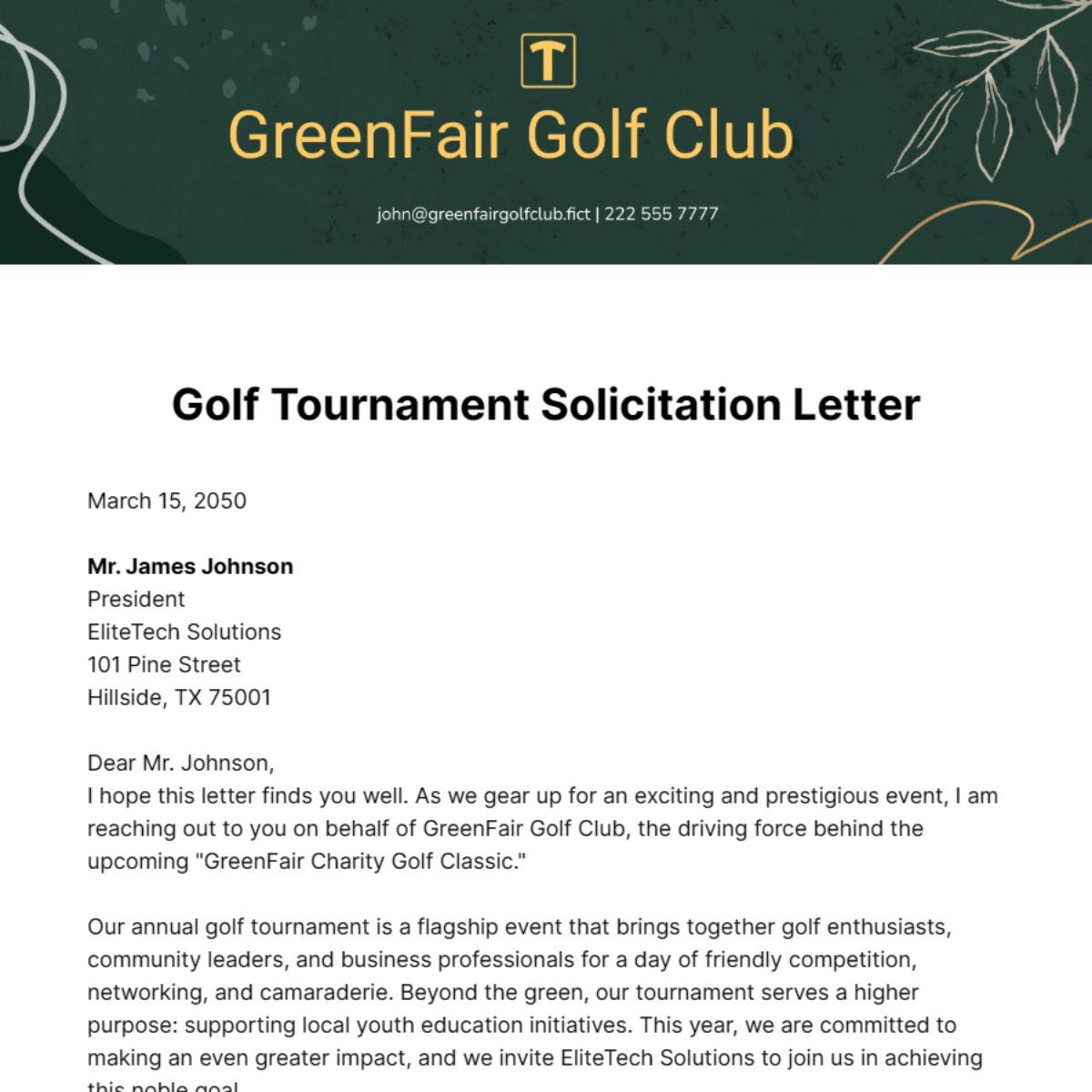 Golf Tournament Solicitation Letter Template