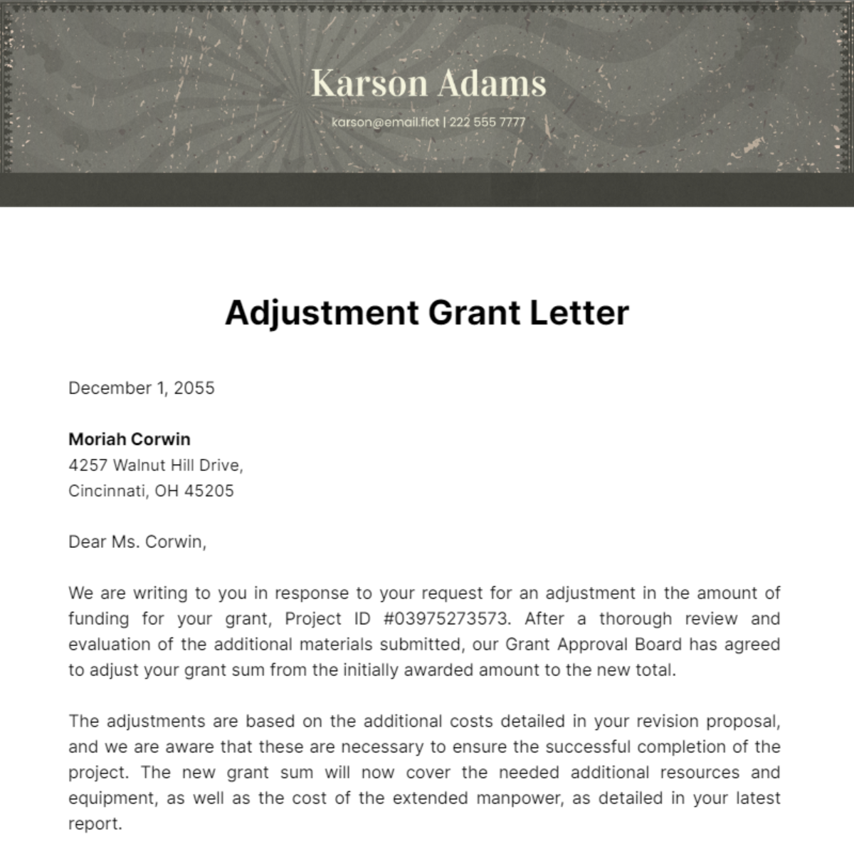 Adjustment Grant Letter Template