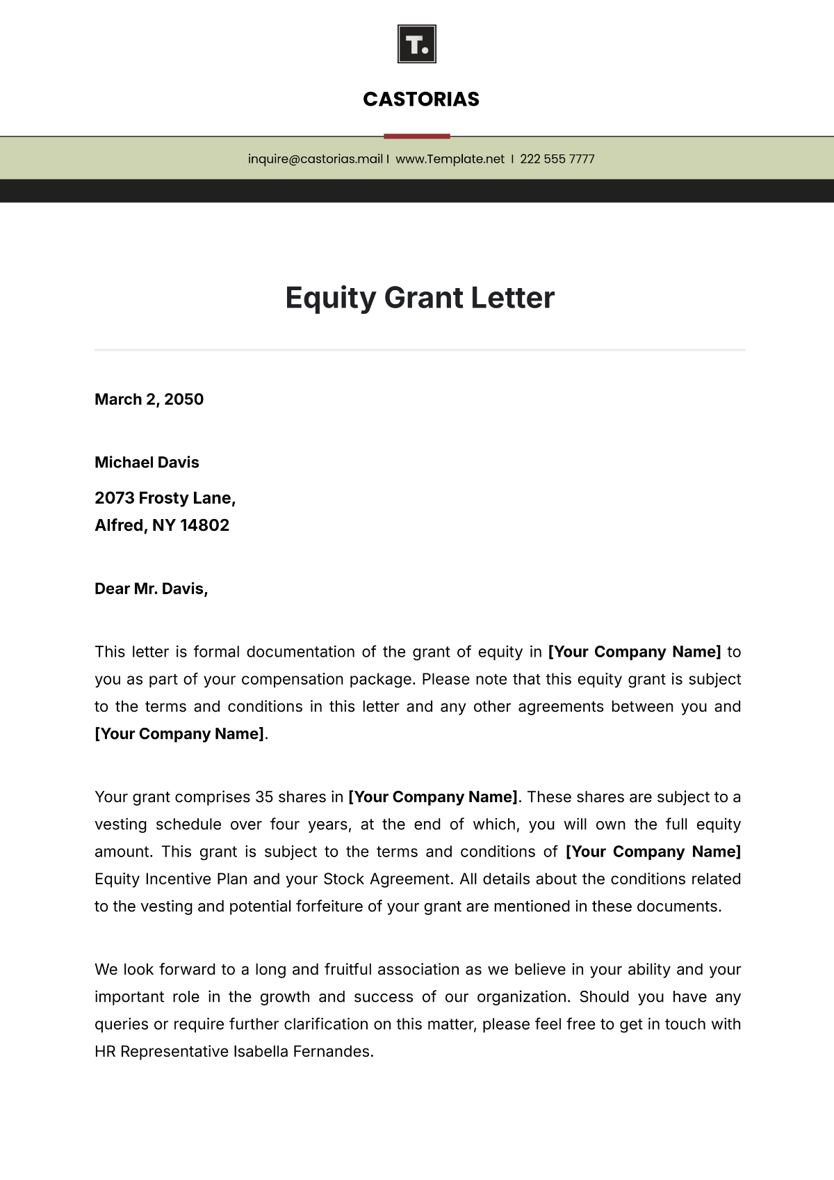 Equity Grant Letter Template - Edit Online & Download