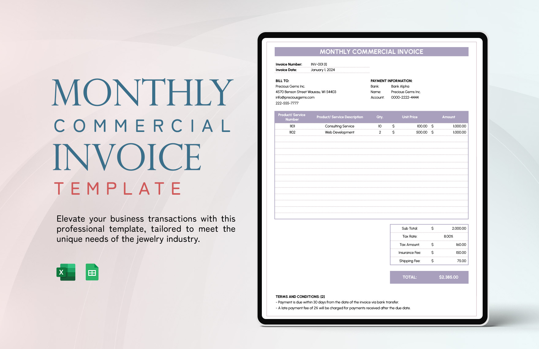 Monthly Commercial Invoice Template in Excel, Google Sheets