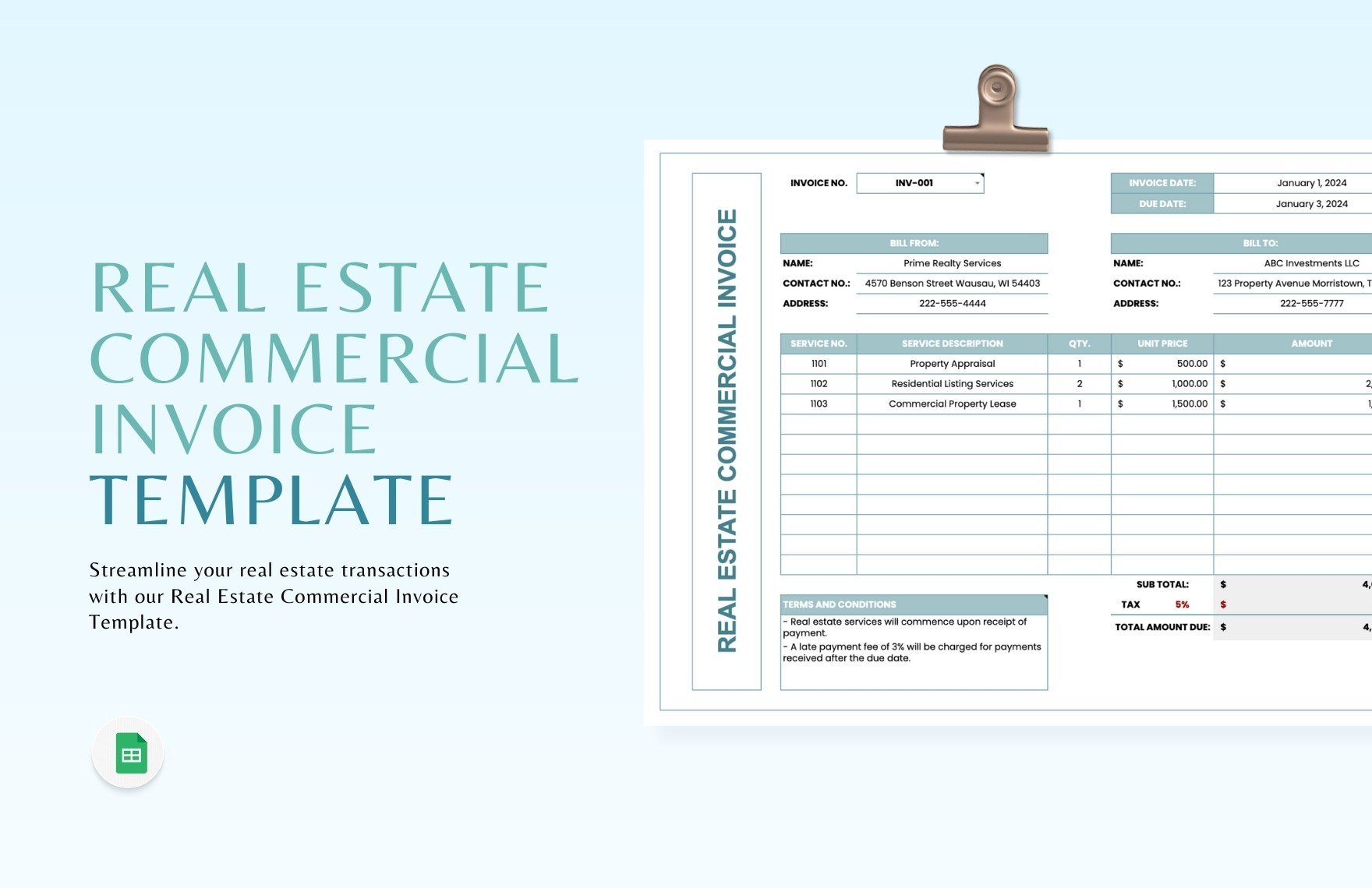 Real Estate Commercial Invoice Template