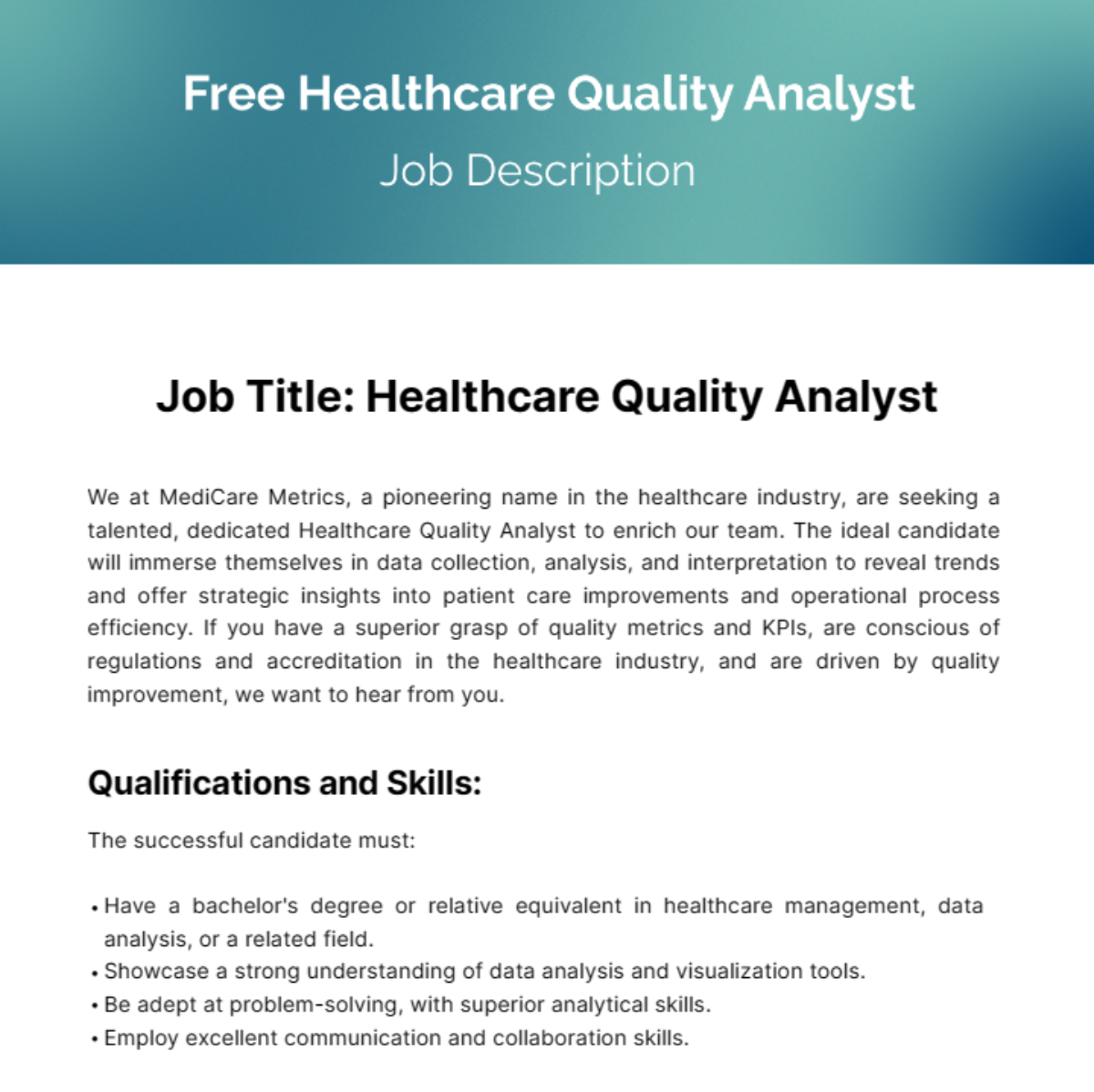 Free Healthcare Quality Analyst Job Description Template