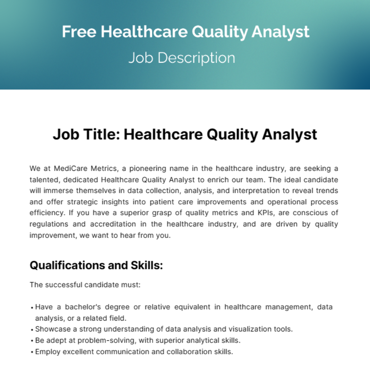 Healthcare Quality Management Job Description