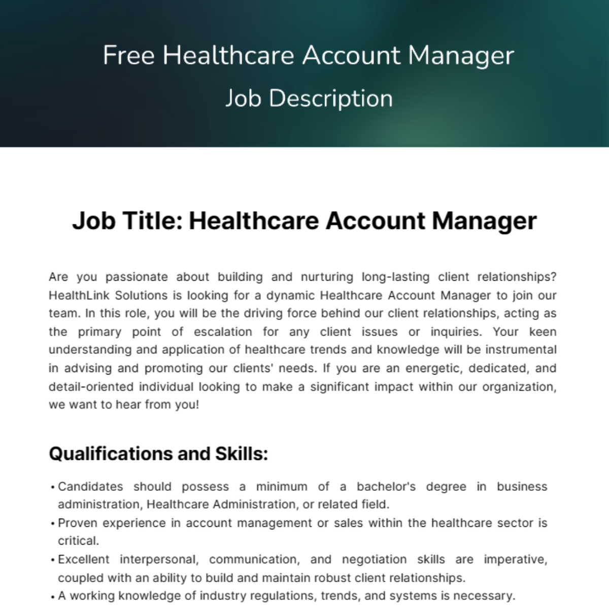 Healthcare Account Manager Job Description Template