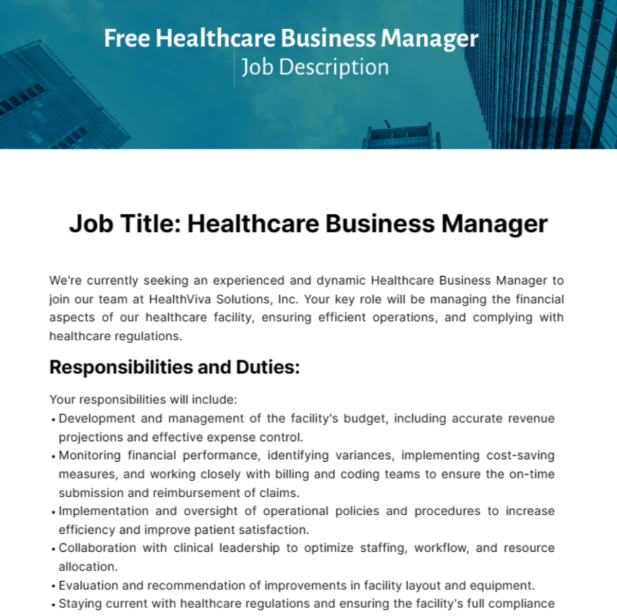 Healthcare Business Manager Job Description Template