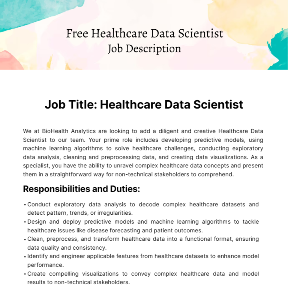 Free Healthcare Data Scientist Job Description Template