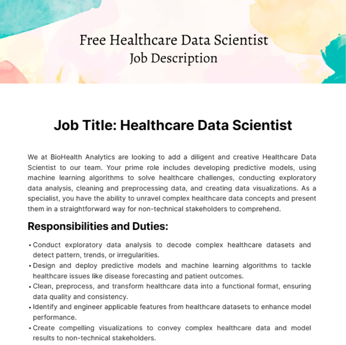  Healthcare Data Scientist Job Description Template Edit Online 