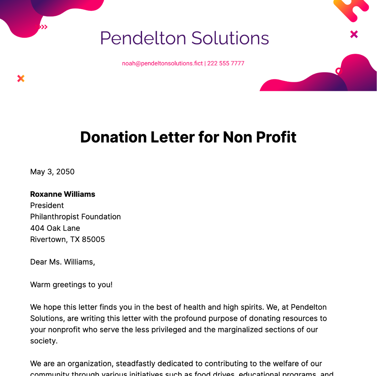 Free Donation Letter for Non Profit Template