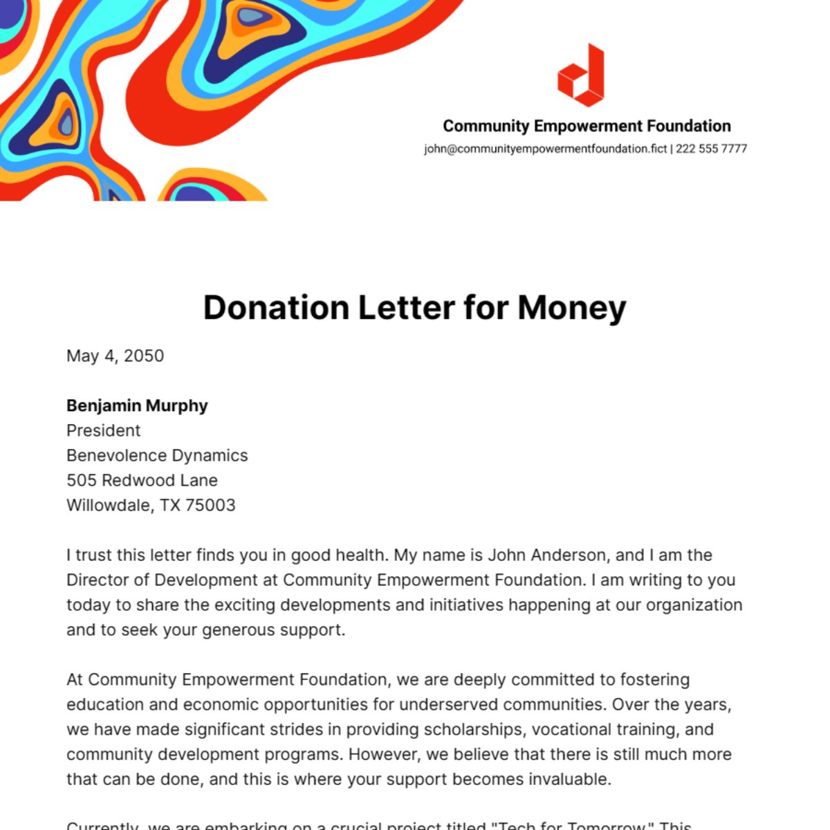 Donation Letter for Money Template