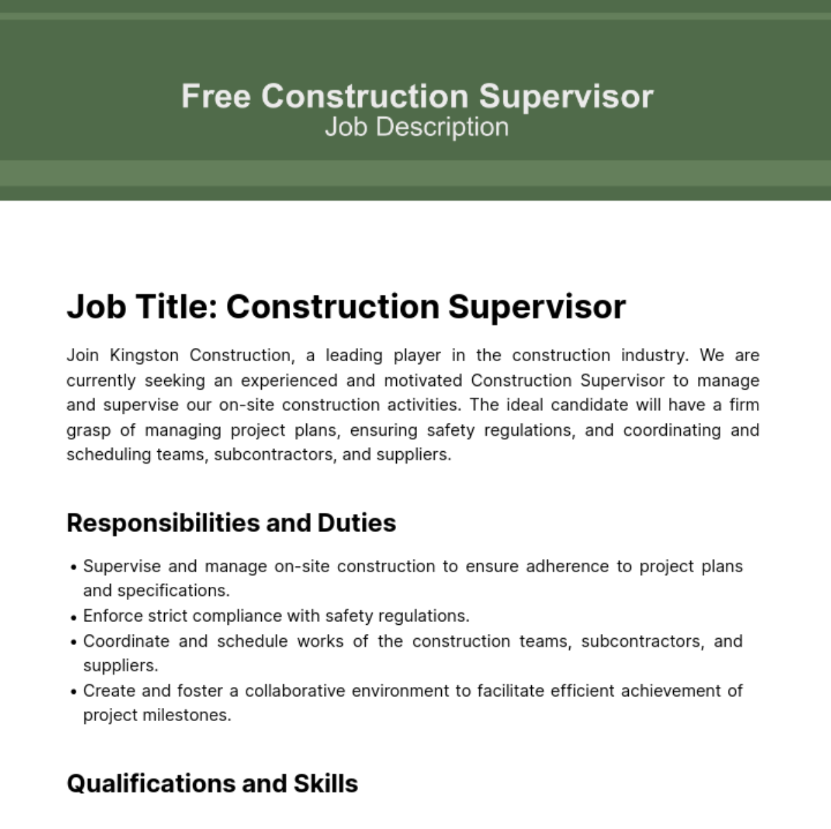 Free Construction Supervisor Job Description Template