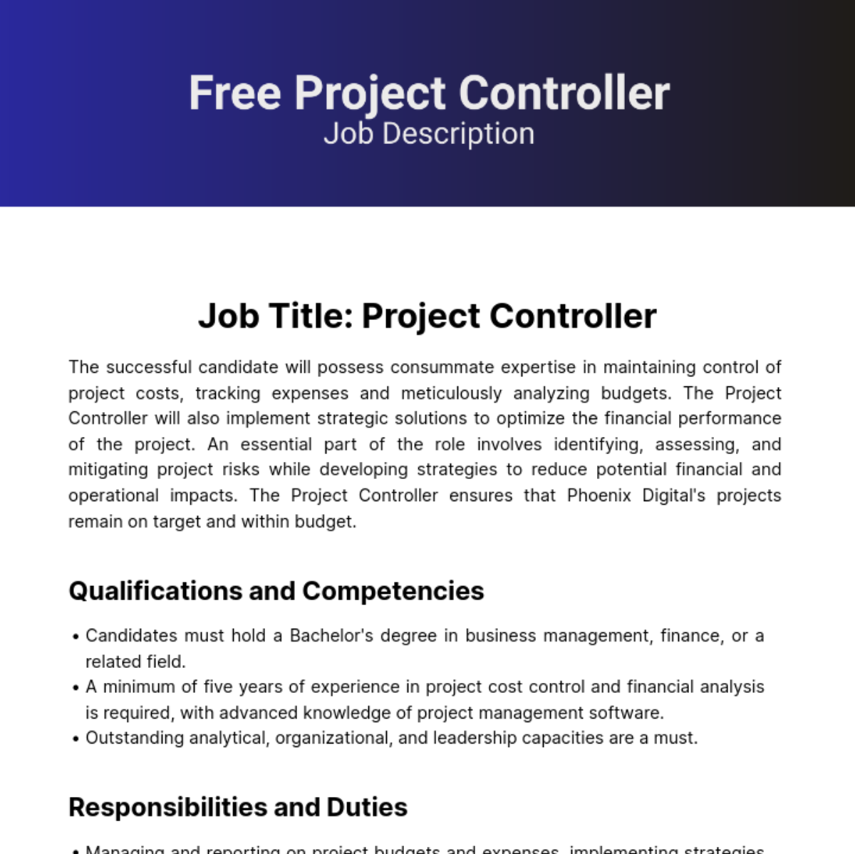 Free Project Controller Job Description Template