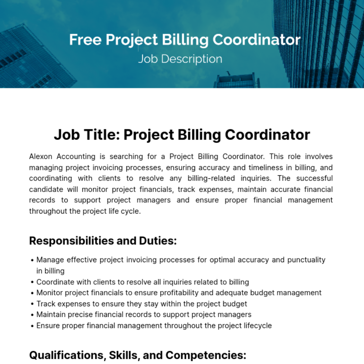 Free Project Billing Coordinator Job Description Template