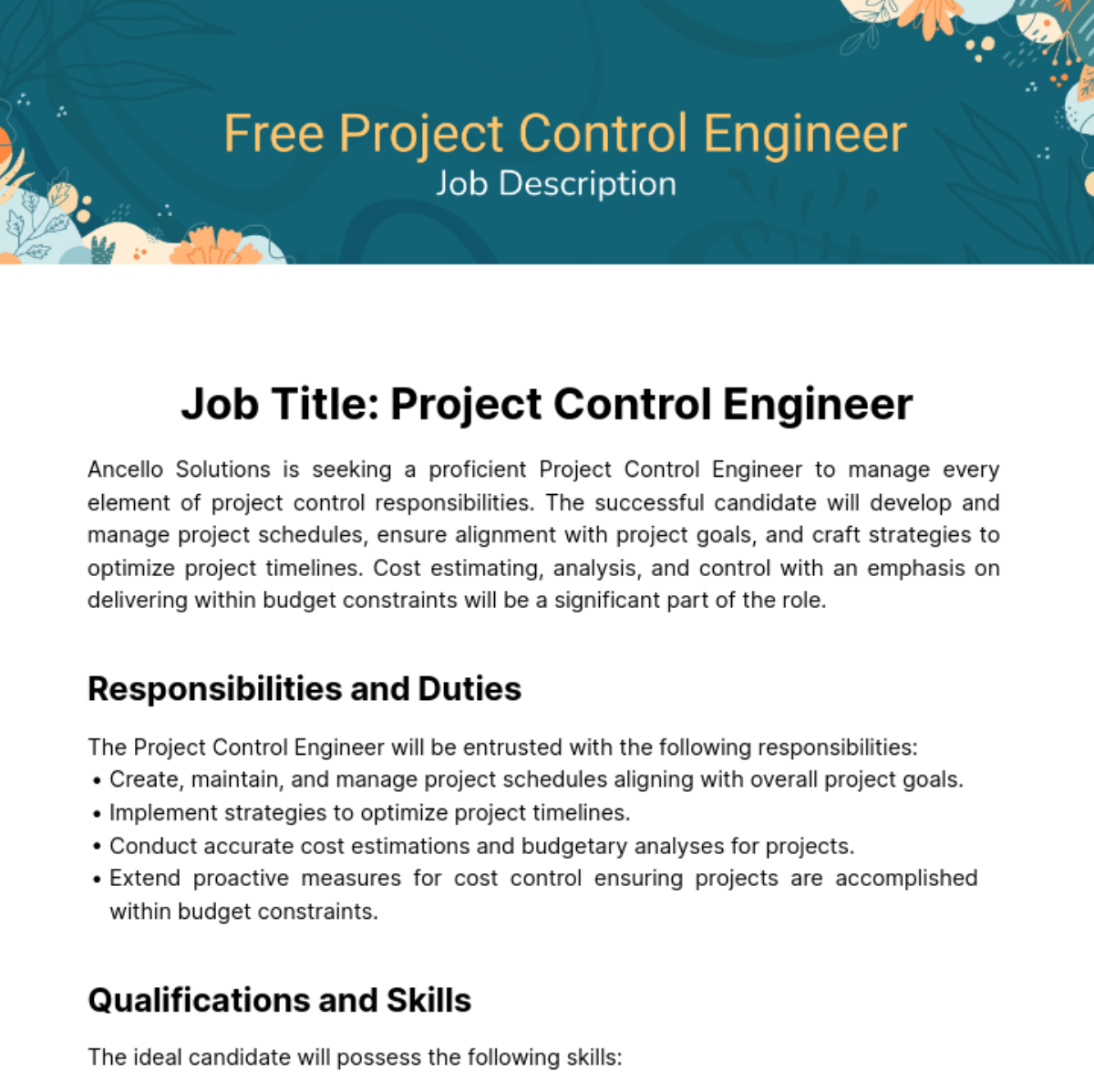 Free Project Control Engineer Job Description Template