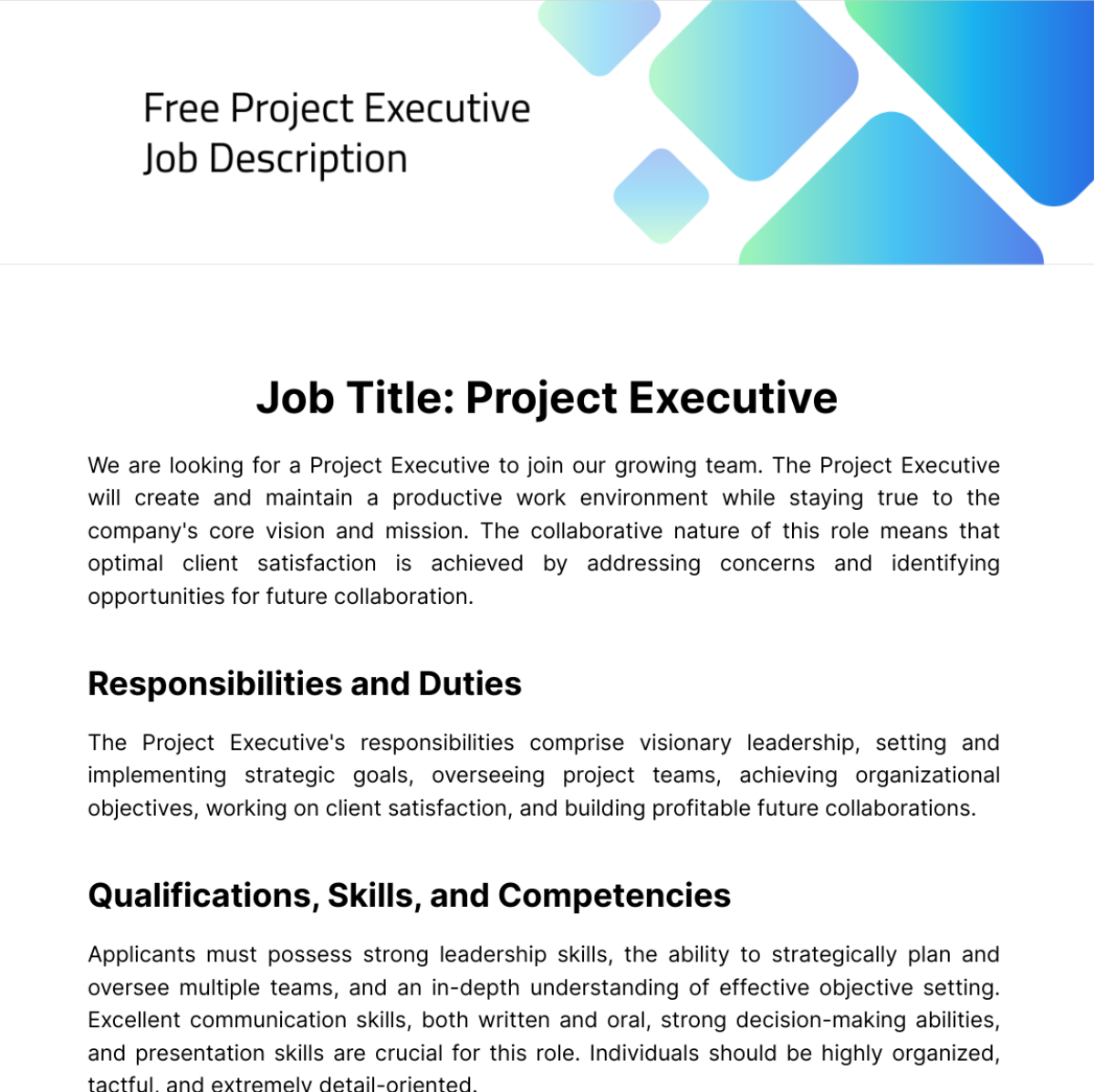 Free Project Executive Job Description Template