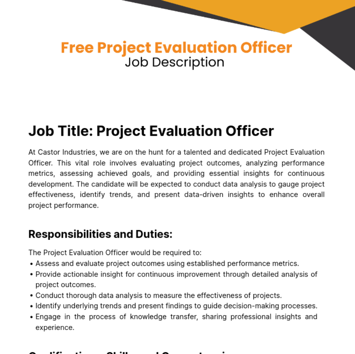 Free Project Evaluation Officer Job Description Template