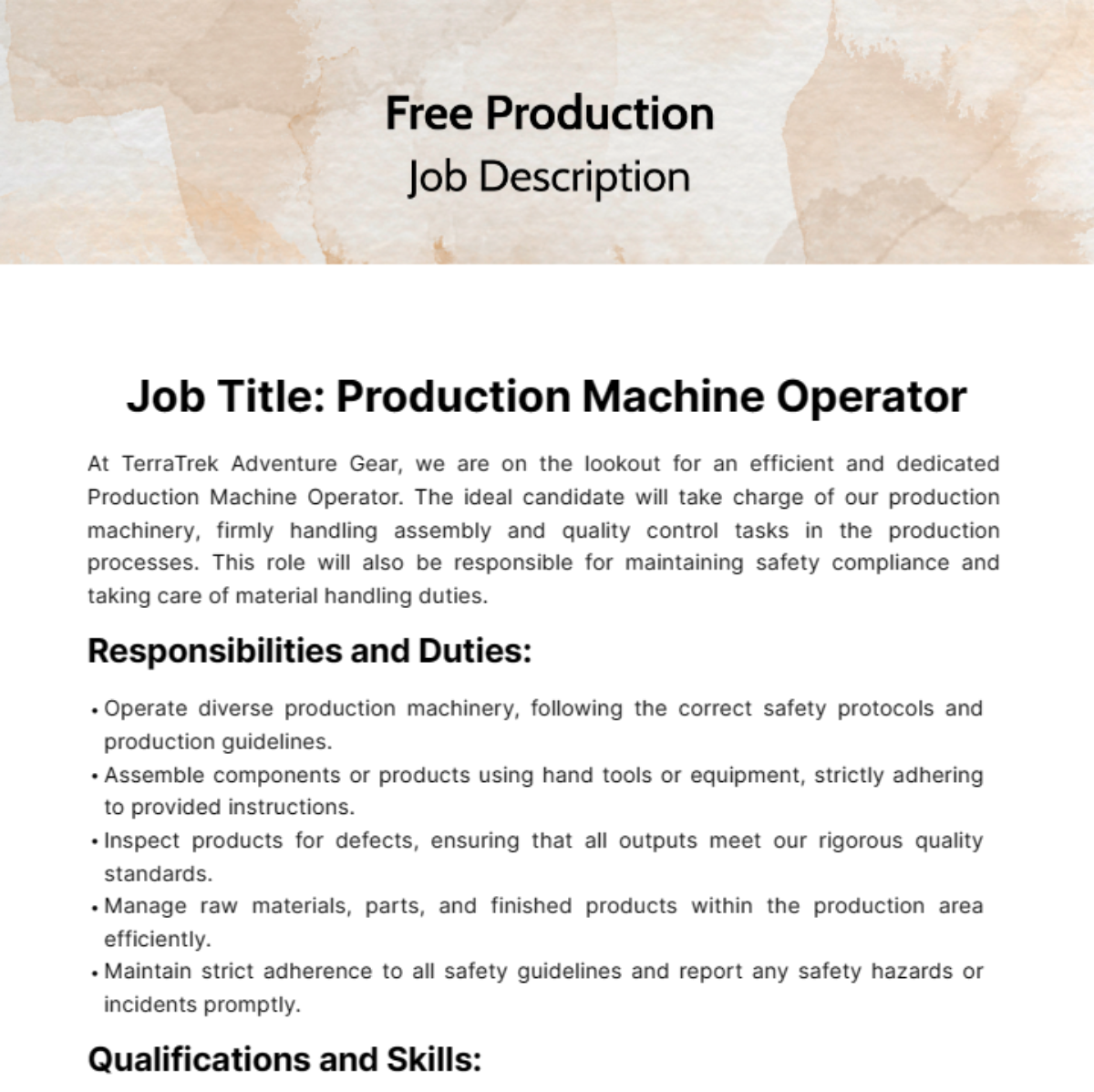 Free Production Job Description Template