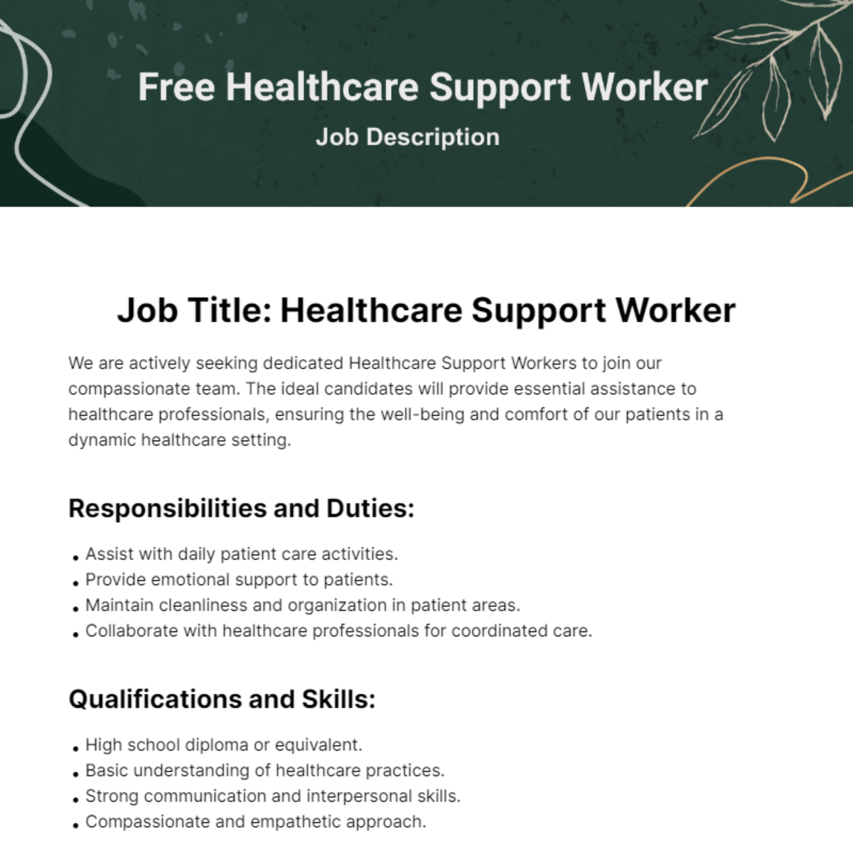 Free Healthcare Support Worker Job Description Template