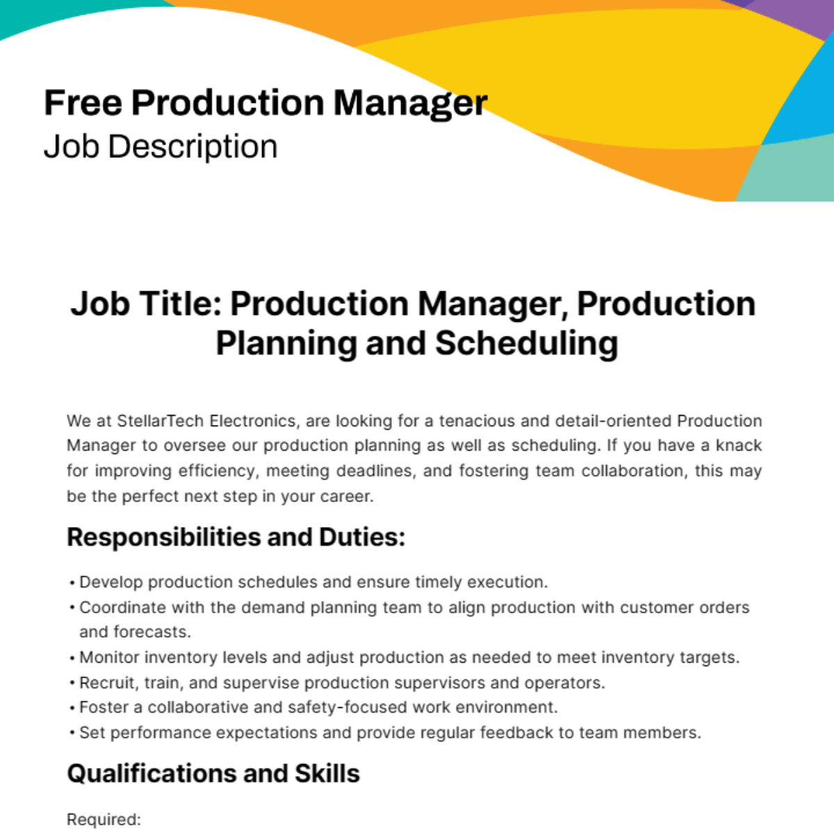 Free Production Manager Job Description Template