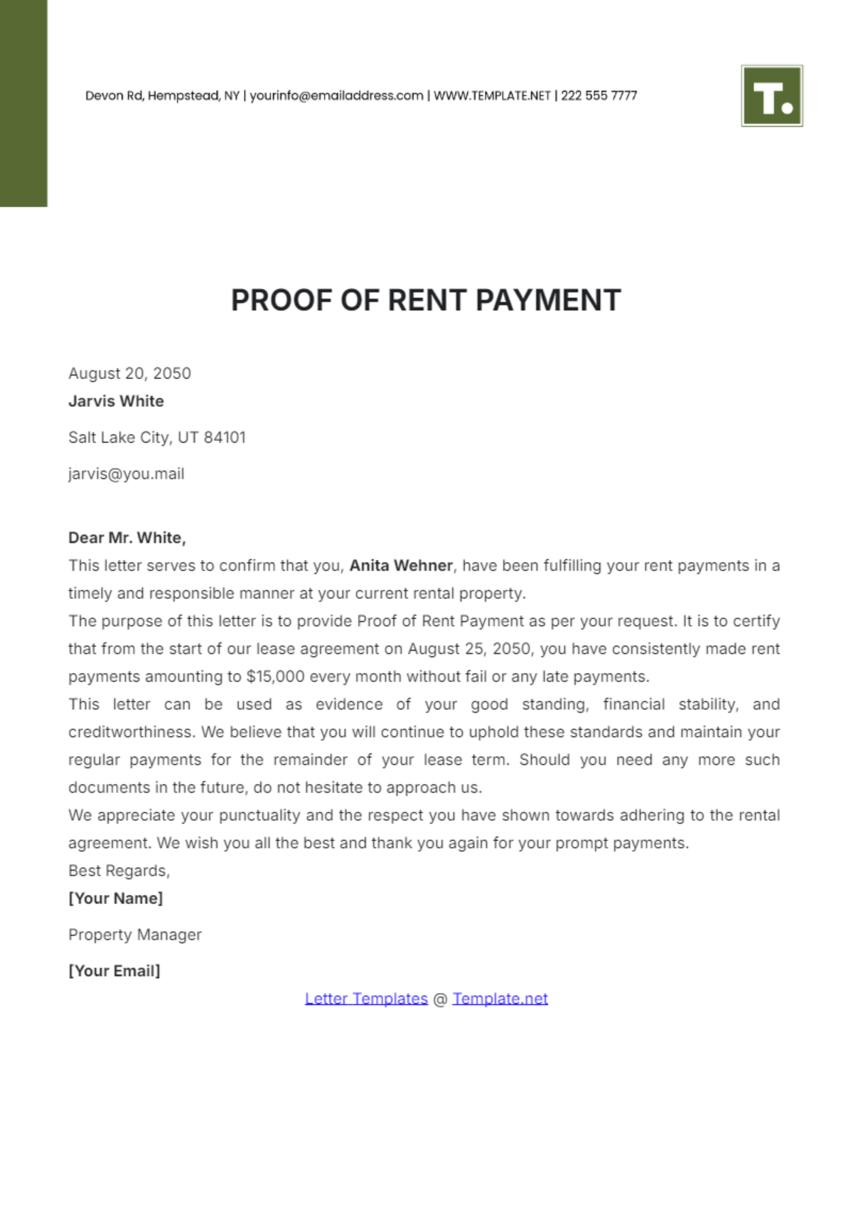 Proof of Rent Payment Letter Template - Edit Online & Download