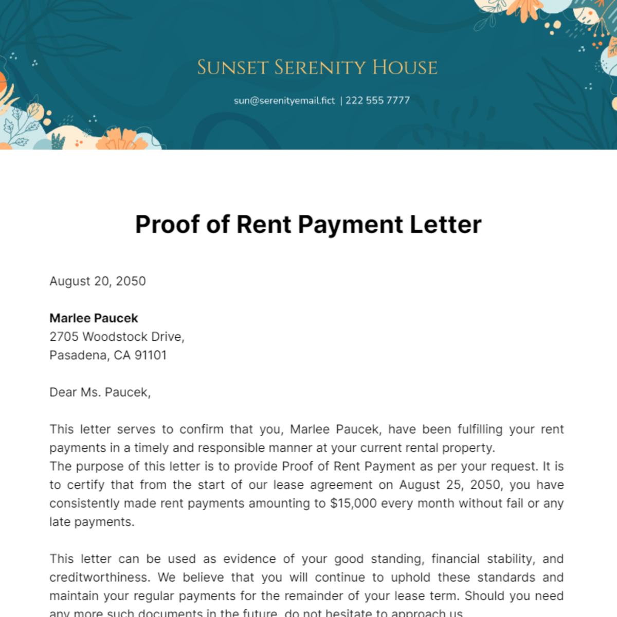 Proof of Rent Payment Letter Template