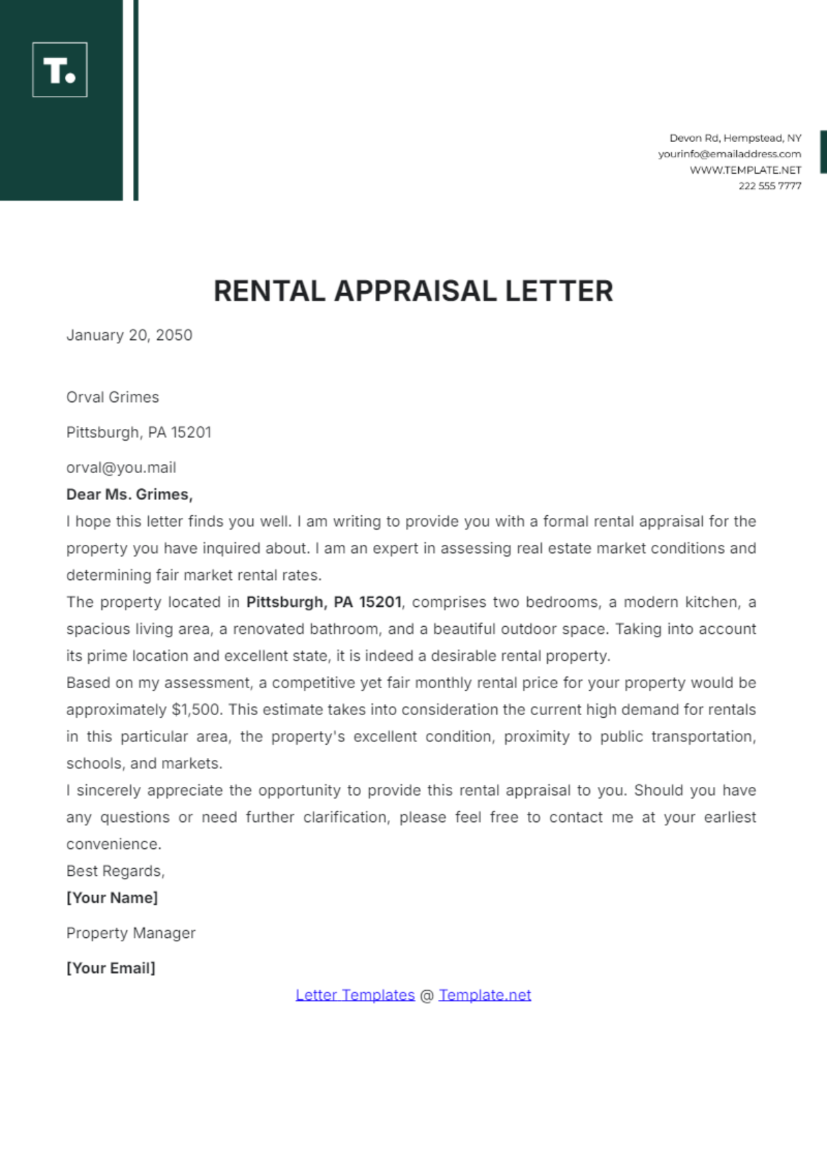 Rental Appraisal Letter Template - Edit Online & Download