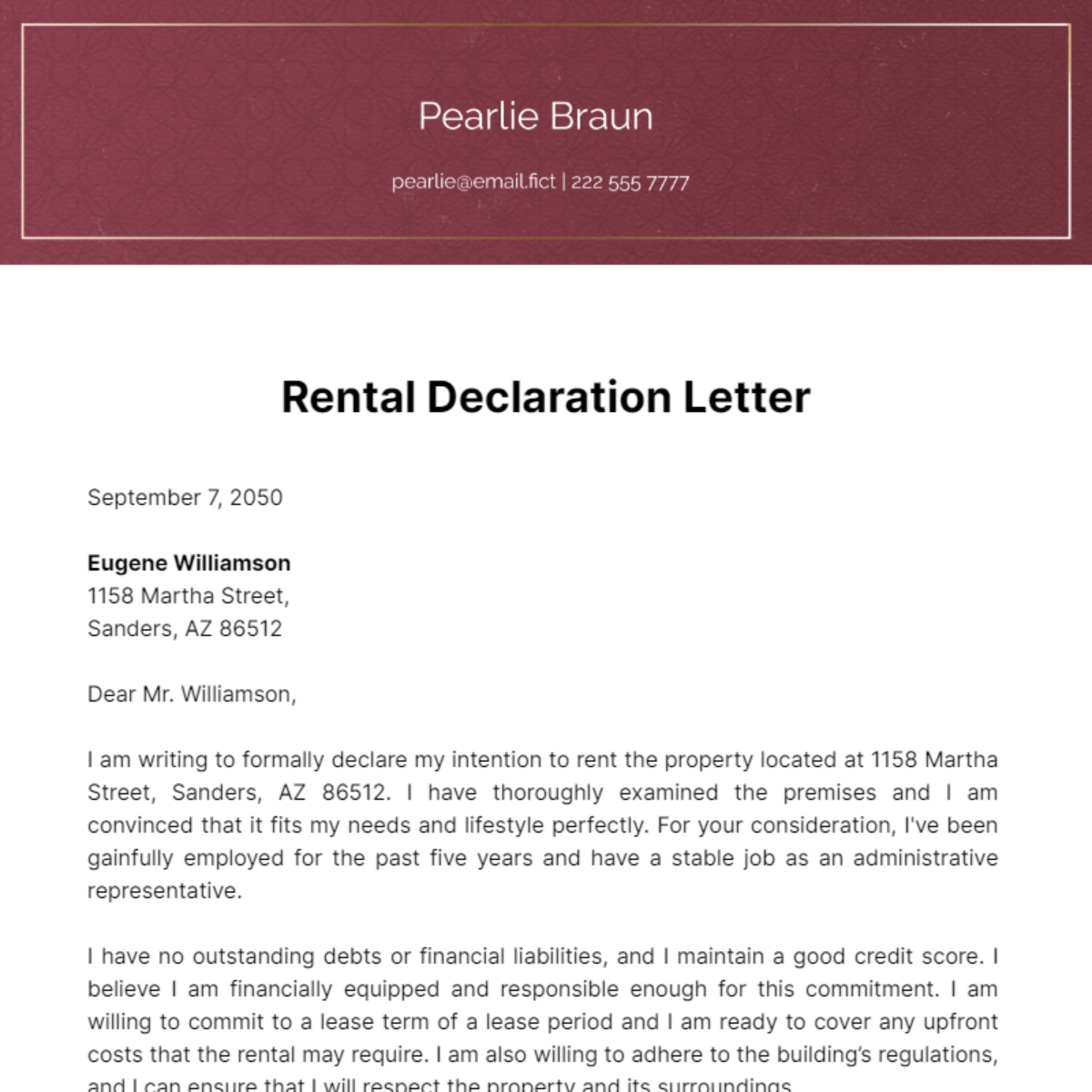 Rental Declaration Letter Template