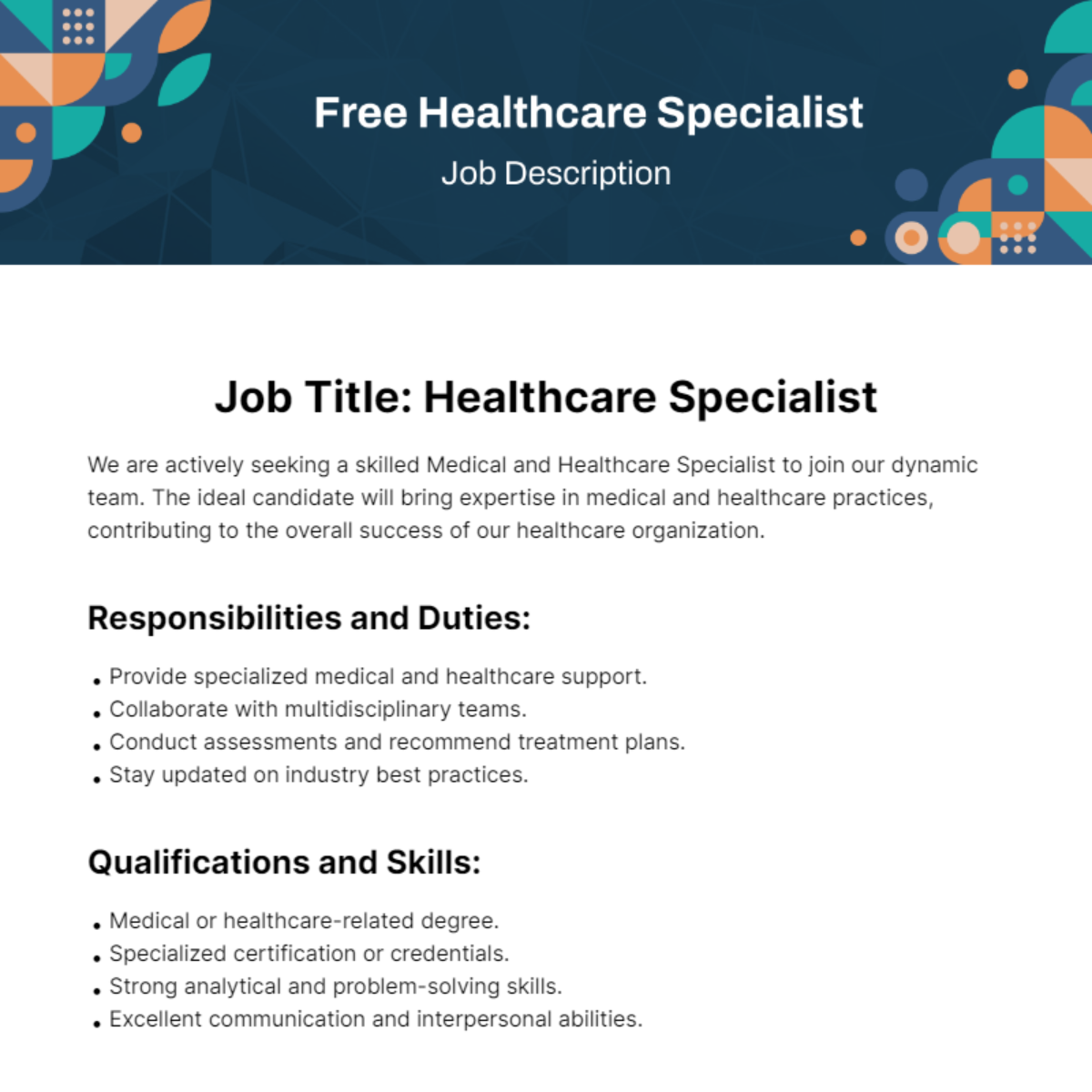Healthcare Specialist Job Description Template