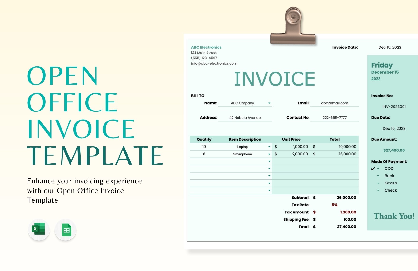 Open Office Invoice Template in Excel, Google Sheets - Download | Template.net