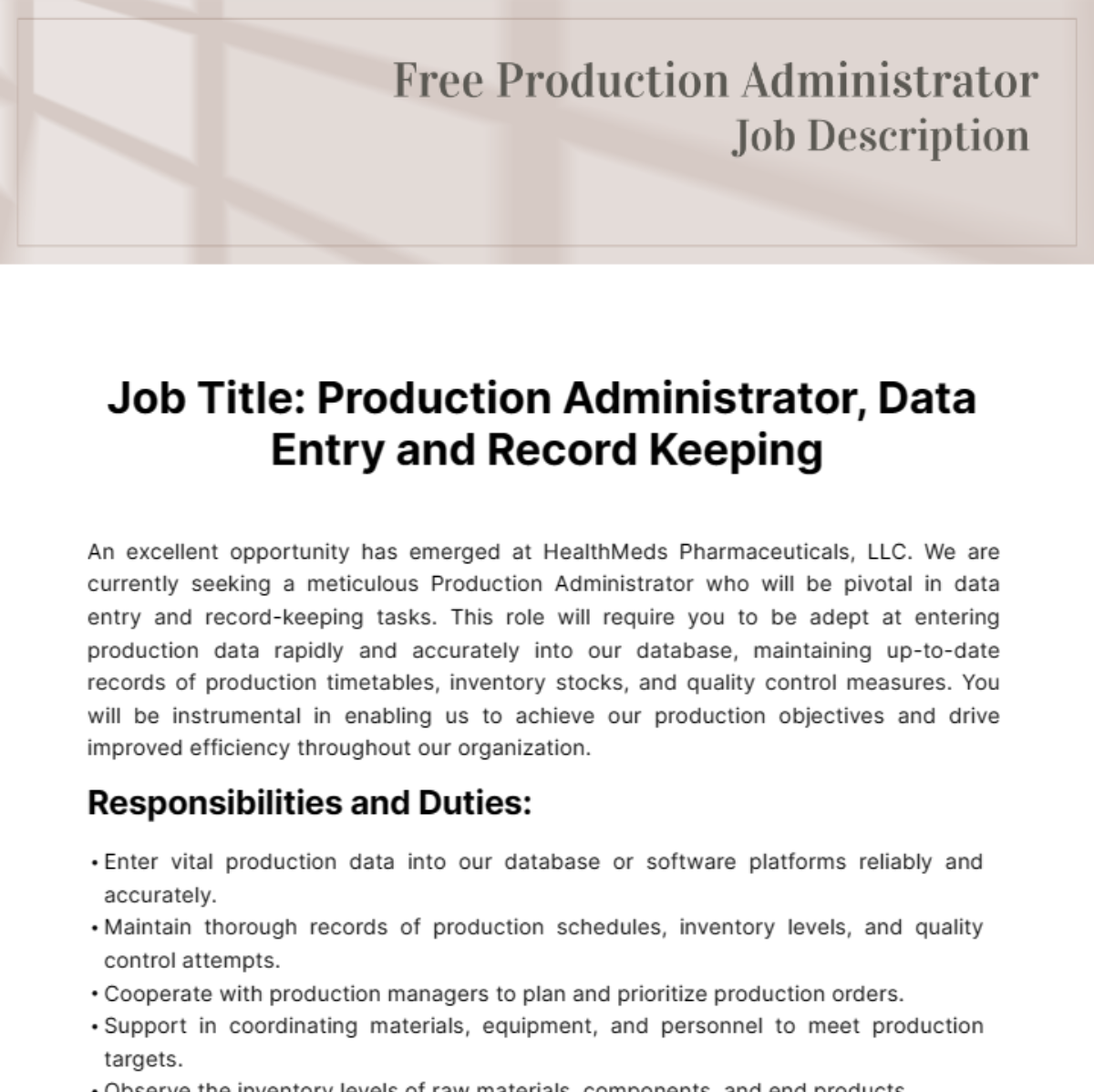 Production Administrator Job Description Template