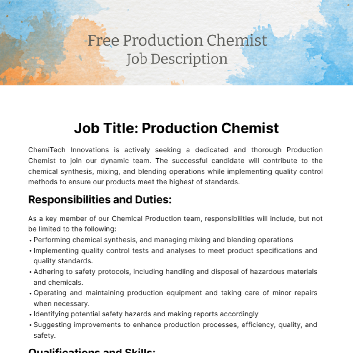 Production Chemist Job Description Template
