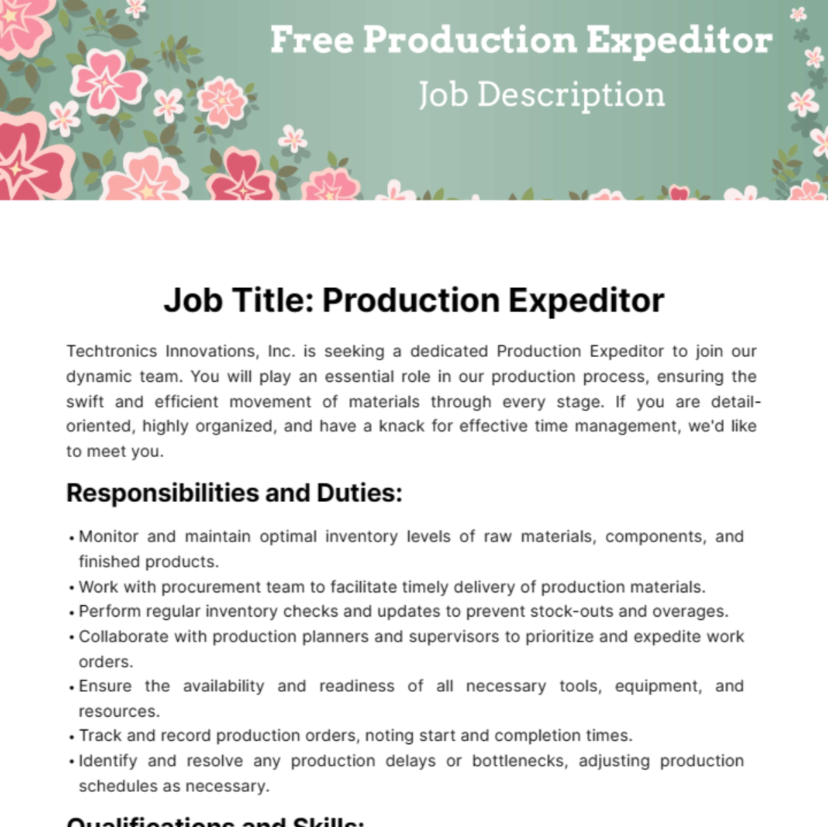 Free Production Expeditor Job Description Template