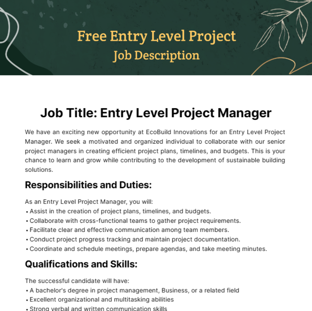 Free Entry Level Project Job Description Template