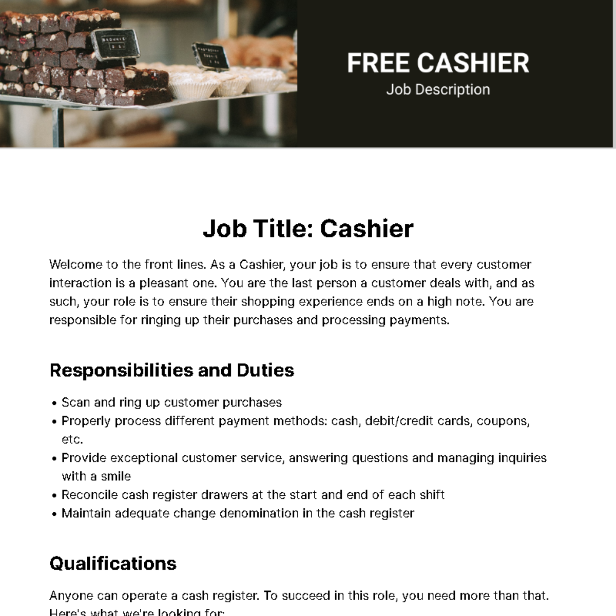 Free Cashier Job Description Template