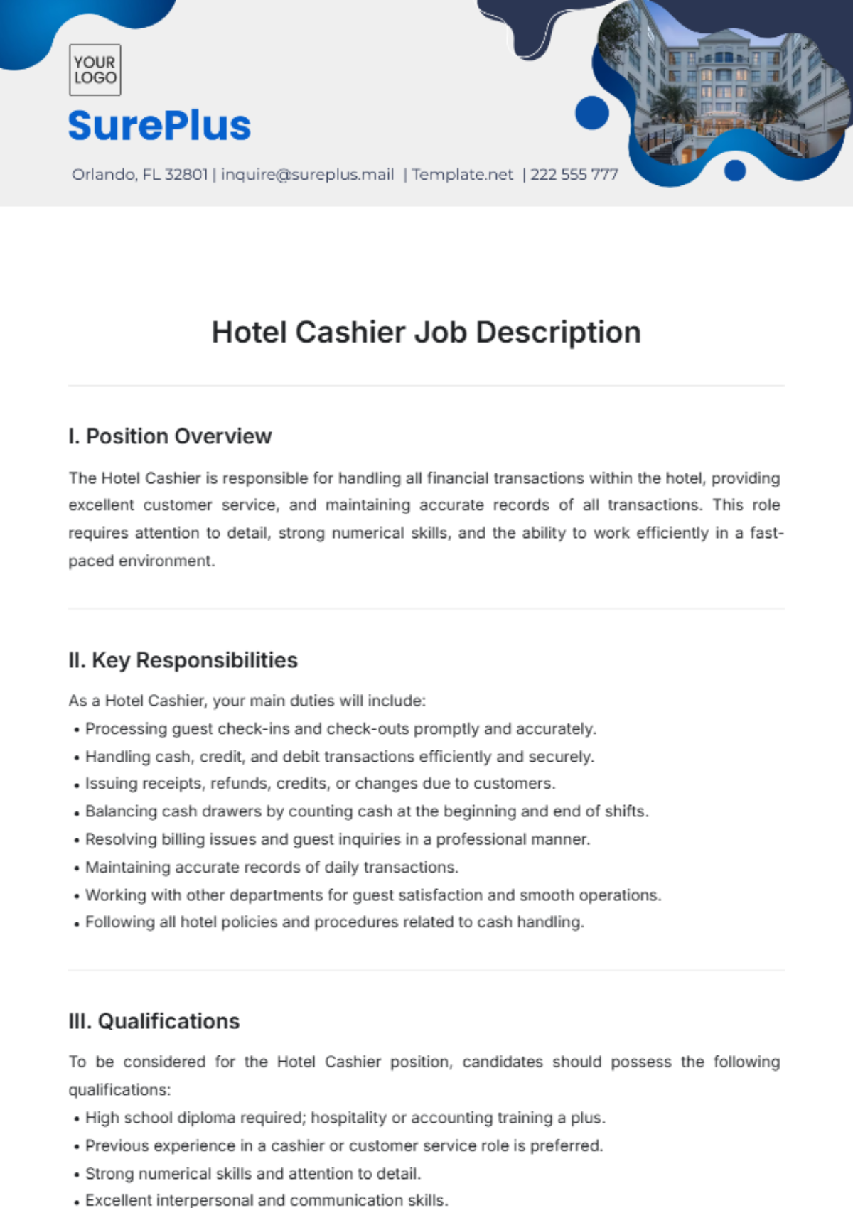 Hotel Cashier Job Description Template - Edit Online & Download